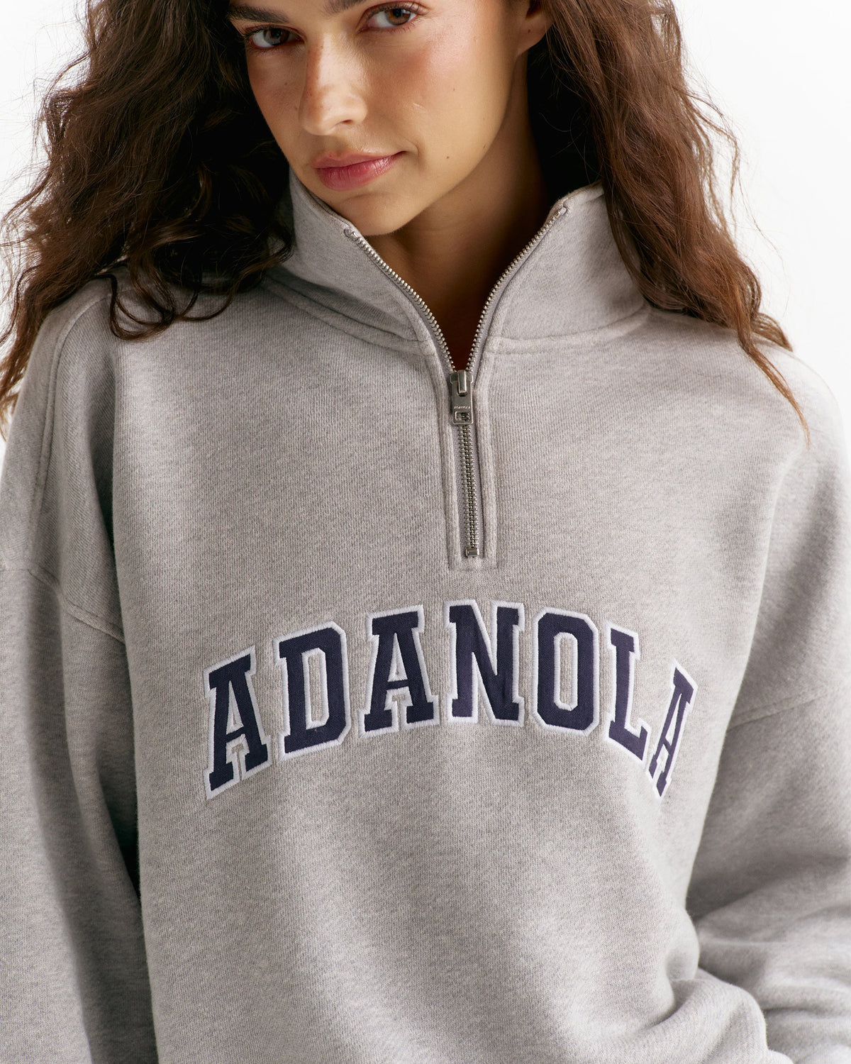 Classic Varsity Relaxed Funnel Neck Zip Sweatshirt - Heather Grey/Navy Blue