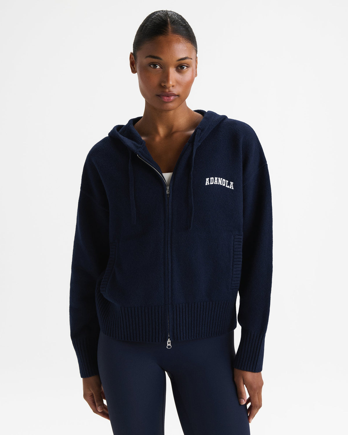 Varsity Knit Hooded Bomber Jacket - Navy Blue/Marshmallow White
