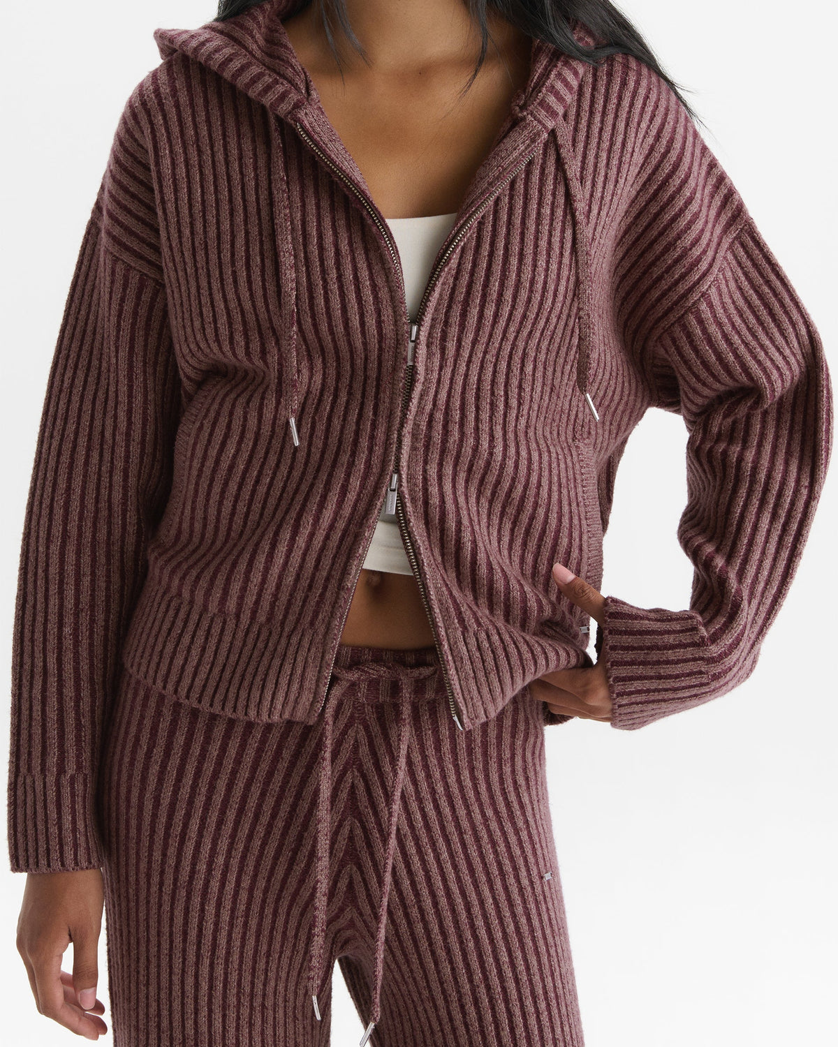 Two Tone Rib Knit Zip Through Hoodie - Damson Red