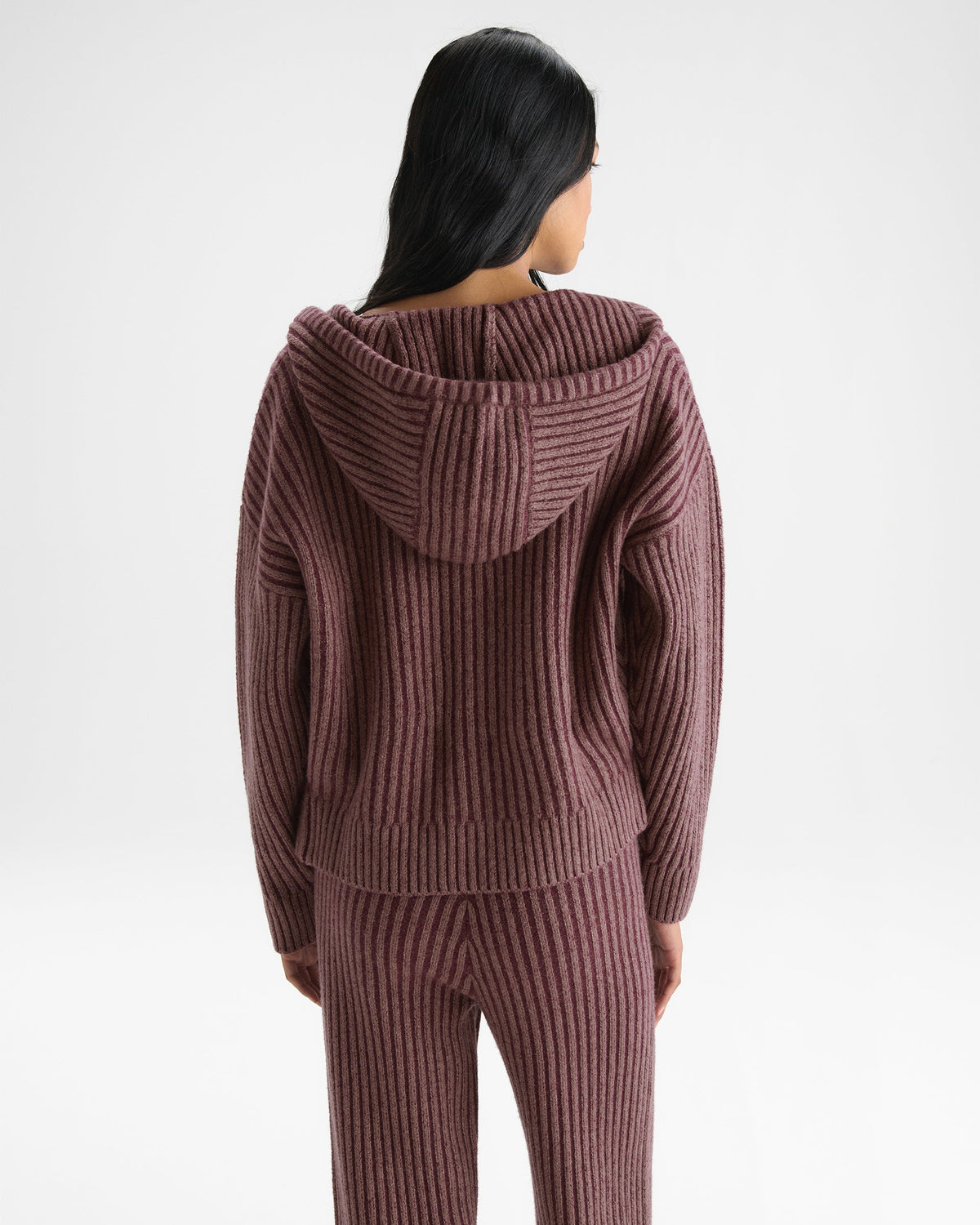 Two Tone Rib Knit Zip Through Hoodie - Damson Red