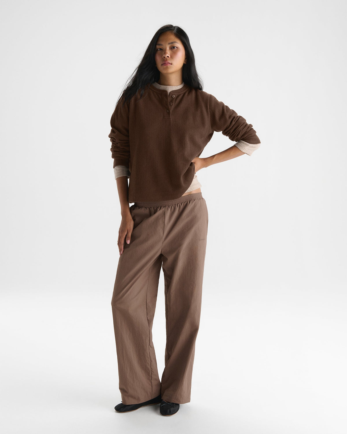 Long Sleeve Rib Henley Top - Chocolate Brown
