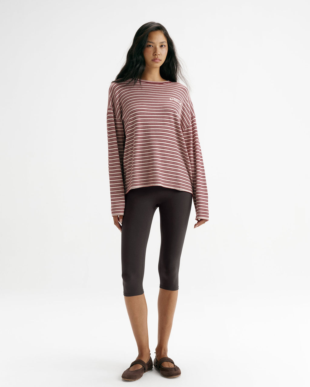 Varsity Knit Roll Hem Stripe Sweatshirt - Damson Red