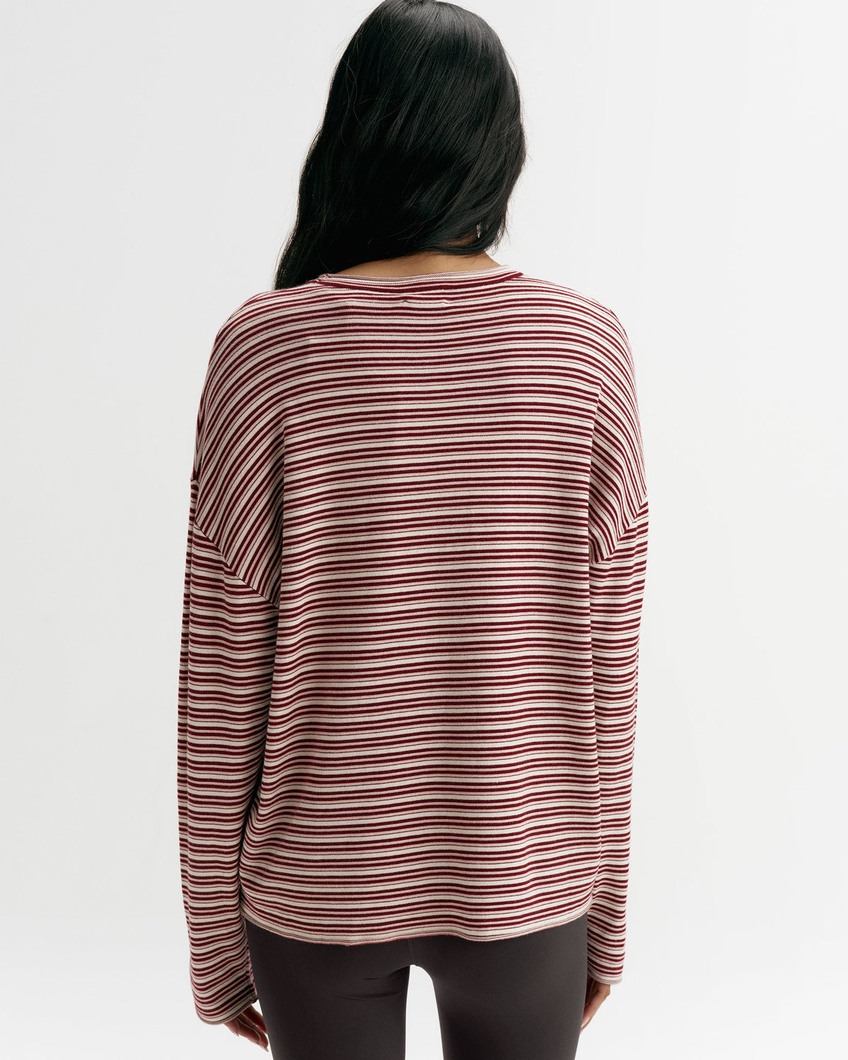Varsity Knit Roll Hem Stripe Sweatshirt - Damson Red