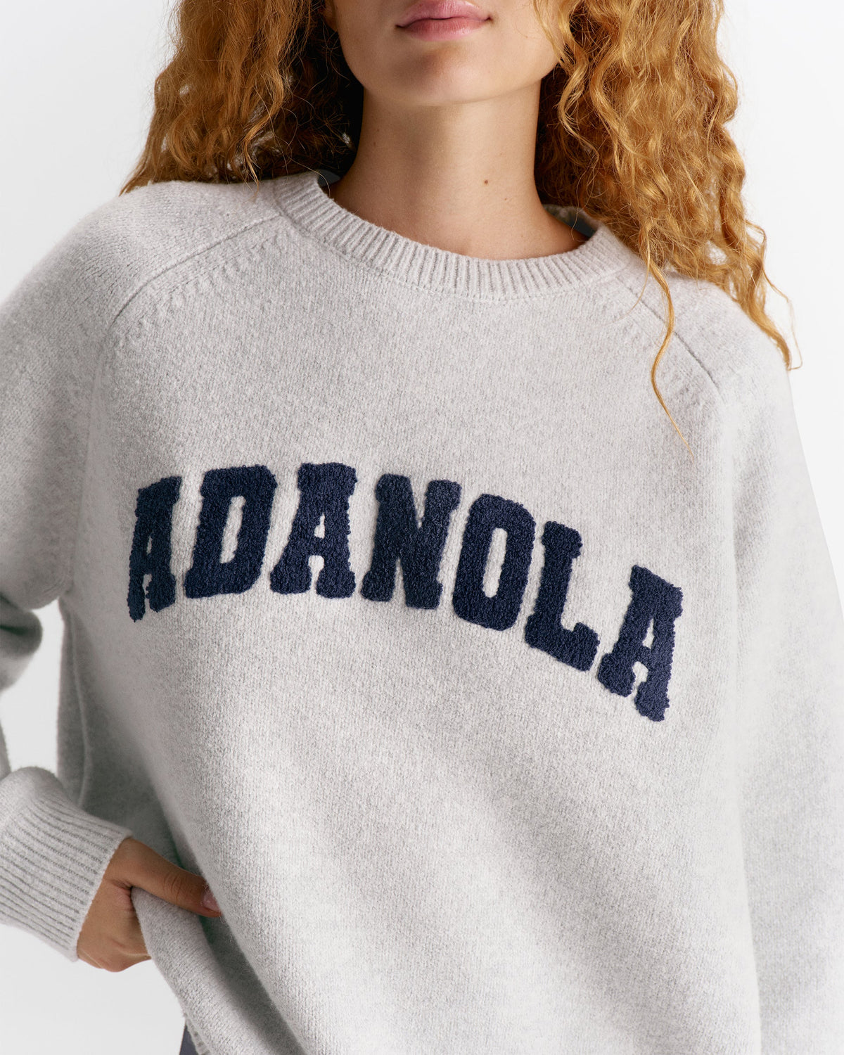 Varsity Boucle Oversized Knit Sweatshirt - Light Grey Melange/Navy Blue